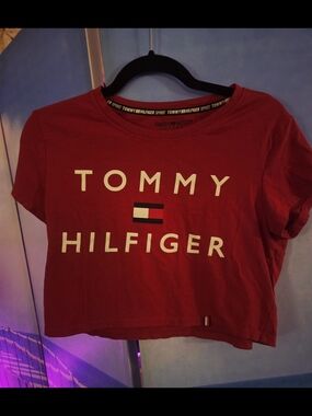 Tommy Hilfiger Red Crewneck Sport Tee with Navy Blue Neck Trim